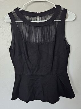 Bebe Women's Small Black Sleeveless Peplum Dress with Sheer Yoke Keyhole Button